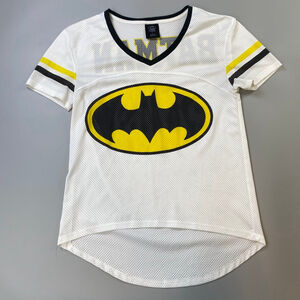 Batman Jersey Women’s Large White Mesh Spellout Graphic Comics Fandom Sporty